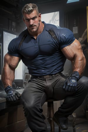 masterpiece, best quality, athletic man, gray shirt and pants with blue boots and gloves, full body, thirty years old, sharp focus, perfect and detailed composition.