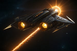 (Professional Epic Arnold Maya ActionVFX:1.2) scfi realistic real nebulae deepspace masterpiece of futuristic a spacejet which ignites its engine with a mythologyc sun stone and keeps swiftlingspacefaring propelled by solar wind:1.05, an elegant (tesseract-shaped golden spaceship made of light-semitranslucent-materials) with qvasi-solid turbine used for ignition and jetting and the described vessel there is a huge semi-translucent-golden-plastic-like enormous sail which captures solar wind to keep its trajectory through space:1.2, it leaves a gentle persistent golden shy glowing trace behind which can also be used as a path for similar jets for easily and faster optmized capture of solar wind:1.1, Elegance aligned with intelligent economic ecological spacefaring long-distance  jet for interplanetary human-like commutes and light commercial use:0.8, truly epic creative best deepspace with mastery engineering geometry astronomy astrophysics majesticindustrialdesign award-winning smooth intricate 64k best 3d cg realistic demonstration, hyper-realistic, ultra-realistic, futureal, majestic scifi, elagant rich inventive newest, best void-parallax semiotics, trending inside the fabric of universe, (post-futurism), requires the very best artist in the universe, Starship