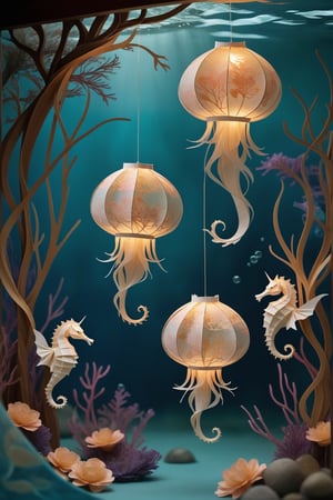 Capture an enchanting underwater scene, reminiscent of ancient Chinese poetry. Delicate, intricately folded origami-like forms, crafted from finest Chinese paper art, emerge from a richly textured seaweed backdrop. Jellyfish, their translucent orbs glowing like lanterns, dance amidst schools of iridescent fish. The composition is balanced by delicate kelp and seahorse silhouettes, evoking the harmony between nature and culture. Golden accents and wispy tendrils add an air of mystique, transporting the viewer to a whimsical realm beneath the waves.