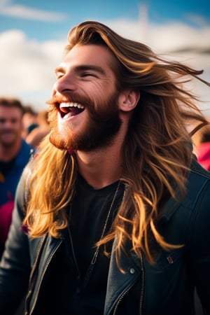 (masterpiece, only realistic, best quality), absurdperfect professional clear clean smooth sharp focus photo of a handsome masculine Welsh man called herin, he has long wavy hair flowing with the wind, long beard, wearing masculine large jacket on, wearing masculine rockstar,  outdoors, singing in music festival, daylight, 3d blur, faded crowd in background, exceptional professional dynamic original new newest portrait, uhd, incredibly absurdres, symmetry is excellent, vibrant, colorful, joyful, realism, 