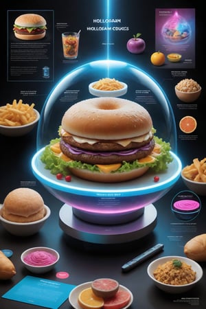  absurdperfect photo of poster with texts and illustrations informative educational about hologram food, highres image scan, sharp focus, realistic ,incredible quality, masterpiece, intricate, colorful,  epic detailed, vibrant, fun, original,  joyful, highly-detailed,  smooth, clear ,clean, printed in glossy paper , uhd, neon, telepathic 