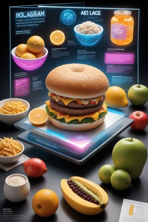  absurdperfect photo of poster with texts and illustrations informative educational about hologram food, highres image scan, sharp focus, realistic ,incredible quality, masterpiece, intricate, colorful,  epic detailed, vibrant, fun, original,  joyful, highly-detailed,  smooth, clear ,clean, printed in glossy paper , uhd, neon, telepathic 