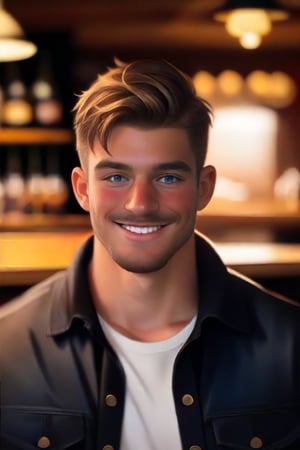 A stunning, realistic depiction of Ollie, a charming and handsome young English male, standing confidently indoors in a dimly lit pub. He wears casual attire, his short hair styled with effortless charm. A charismatic smile spreads across his face, as he gazes directly at the viewer with piercing blue eyes. A hint of blushing adds to his endearing nature, while his facial hair provides a touch of ruggedness. The surrounding environment is blurred, with only a faint outline of the pub's interior visible. The overall atmosphere is one of warmth and approachability, inviting the viewer into Ollie's world.