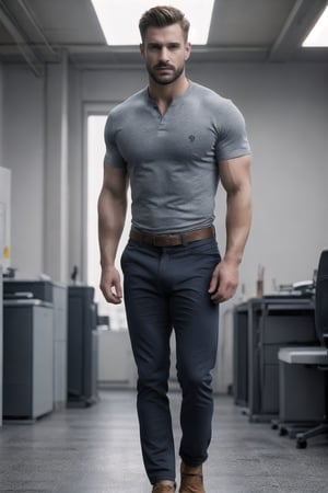 (realistic, photorealistic, adequate quality), a handsome  muscular Canadian manly man in style side-standing while focused at the office, excellent rendered fully-clothed, a shutterstock image, healthy, normal, highres image scan, associated press, firm focus, centrefold, no crop, full scene photo, worksafe, solo,jaeggernawt