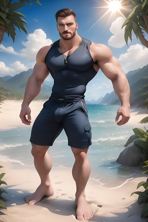 score_9, score_8_up, realistic image of a perfectly-shaped man, (walking from afar), English, 27yearold, falko is tall and has  broad shoulders, muscular, manly, wearing masculine baggy jeans, big hands, big barefoot, (palebrown facialhair buzzcut), prominent cheekbones, symmetric thicklongarms, perfect beach, shallow depth of field, masterpiece, best ocean sea reflective, sky, clouds, sun rays, serene , male focus, realistic, photo, best smooth clear clean highres professional male photorealistic  quality, award-winning, 16k resolution, uhd, nice warm calm bright day,