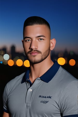 Syahnk stands confidently in front of a cityscape at dusk, the night sky ablaze with twinkling lights. A sleek, undercut hairstyle and facial hair accentuate his chiseled features, while piercing green eyes seem to sparkle in the soft, evening glow. He wears a crisp polo shirt, his muscular physique evident beneath the fabric. The background, blurred into a beautiful bokeh, provides a stunning contrast to Syahnk's sharp, high-definition features. A UHD masterpiece, this photograph exudes perfection, with a matte finish that adds depth and dimensionality.