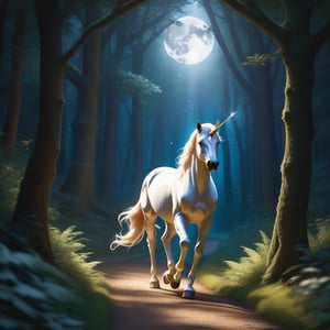 "A mystical unicorn strolling gracefully on a moonlit forest path, surrounded by ancient trees and soft, dappled light filtering through the leaves, creating a serene and enchanting atmosphere."