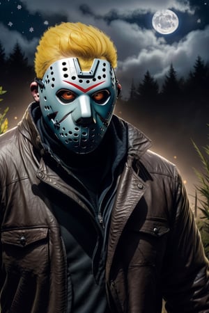  (masterpiece), (best quality, high quality:1.3), highres, absurdres, portrait of jasonmale, leather jacket, 1man, looking at viewer, dirtyrobbie, very symmetric head mask, wearing mask, covered face, covered nose, small human rounded ears, very short skipy male hair, realistic, real life, outdoors, night,  hold machete, hold weapon, manly male, strong, 
