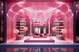 absurdperfect wide luxury avant-gard high-couture high-fashion shop, indoors, shelves, neon counter, glowing colognes, stylish mirrors, clothes hanging, manequins with futuristic fashion, tiny holographic neon flowers, red carpet, glass roof ceiling, radiant, colorful, depth of field, professional exceptional space design masterpiece, intricate details , award-winning smooth clear clean CGI 64k Wallpaper printed in glassy paper,  professional concept art, 3d, unreal engine, highres, high-definition,  epic creative, absurdoriginal, fun,  ray-tracing reflections, (rendered in Maya),