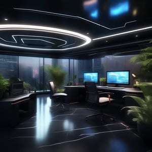 professional 3d, image of a futuristic office, high-tech absurdperfect interior sleek design, highly-detailed, intricate, computers, black cyberdesks, plants, vases, glowing ornaments, uhd, exceptional masterpiece, perfect architecture, marble, raining weather, glass ceiling,