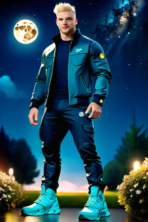 my favorite perfect image of a masculine handsome  mature muscular British Daniel man,   professional 3d, wearing  masculine techworker jacket pants boots, rendered in SFM, outdoors,  professional epic portrait, night park, short hair flowing with the wind,  dynamic, stunning colorful night, star lit sky, plants, nature, moon beam, unreal engine, ray-tracing reflections, vibrant colorful ambient occlusion, exceptional smooth masterpiece CGI wallpaper in UHD printed in glossy paper, highres image scan, dynamic, original, vibrant, alive, vivid, new, newest, award-winning, shallow depth of field, creative, blue eyes, pale blonde facial hair, 