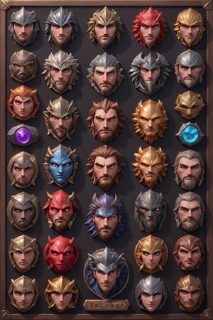 game rpg charater head icon design design, multiple random rpg character head with intricate face icons emblems on a organized board, professiona concept art, 3d, unreal engine, highres, high-definition, profesional smooth clear clean cgi in uhd printed in glossy paper, exceptional masterpiece, epic creative, absurdoriginal, fun, cute, ray-tracing reflections,