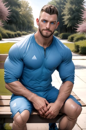 handsome 1boy, mature male, 28yearold, falco, english, sitting on a bench at the park, head and upperbody realistic portrait masterpiece, striking blue eyes, cheekbones, highres image scan, associated press, centrefold, no crop