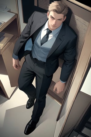 From a high angle above view, Shawn, an English man with a muscular build, gazes upwards directly at the viewer. He wears a rendered formal shirt, open jacket, and formal pants, completed by large shoes. Against an abstract office background, he strikes a dynamic pose, his full body framed in a semi-realistic illustration style. Character design elements, such as scribbled text and symbols, add visual interest around him.