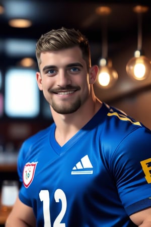 his name is ollie, ollie is handsome plump muscular English man, wearing rugby uniform, he has brow facial hair, short hair, blue-eyes, blushes,  he is in the pub, uhd, realistic, masterpiece, team mates in the faded background, hyper-realistic, professional photo, highres, high-definition, exceptional masterpiece, realism, photorealistic,