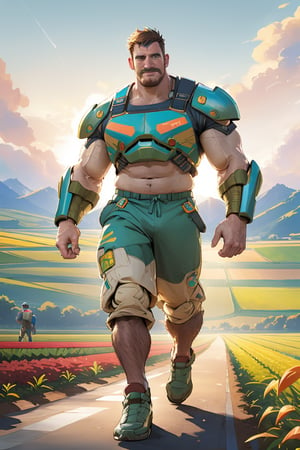 Ollie is a muscular rugged fat English futuristic farmer, wearing power armor farmer wear, in the futuristic crop fields, colorful, depth of field, vibrant, techno, highres , uhd, joy