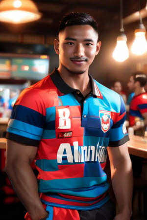 (exceptional masterpiece, only realistic, best quality), professional photo image of the best perfect perculiar handsome masculine afroasian man, his intricate realistic highly-detailed manly asian head hair face facialhair, he has sun-kissed skin, muscular, wearing rugby shirt on,rugby shorts on, celebrating, uhd, realism, photorealistic, faded team mates in the pub background, majestic, matte, incredible perfect image, very original,Syahnk