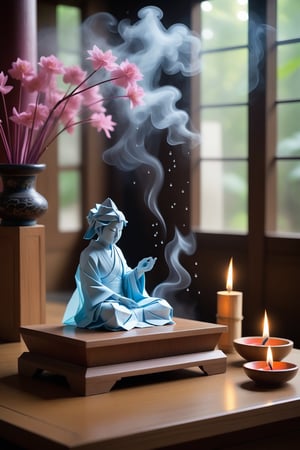 In a serene Japanese temple, origami props adorn the tranquil atmosphere. A small wooden altar stands before a magnificent, semi-translucent ethereal image of an Akashic Register figure, shrouded in colorful smoke from incense sticks. Soft crystals and traditional fine wood enhance the peaceful ambiance. Water droplets glisten on the temple's surface, adding depth to this exceptional artistic masterpiece.,Crystal style