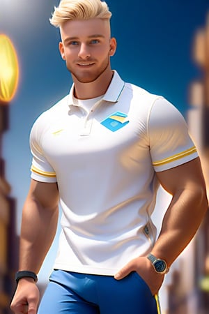 my favorite perfect image of a masculine handsome  mature muscular British Daniel man,   professional 3d, wearing  masculine casual clothes, sneakers on, rendered in SFM, outdoors,  professional epic portrait,   dynamic,   unreal engine, ray-tracing reflections, vibrant colorful ambient occlusion, exceptional smooth masterpiece CGI wallpaper in UHD printed in glossy paper, highres image scan, dynamic, original, vibrant, alive, vivid, new, newest, award-winning, shallow depth of field, creative, blue eyes, pale blonde facial hair, 