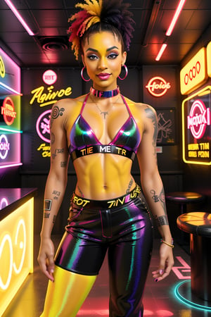 Prodigy stands confidently inside the aphro-futuristic tattoo parlour, her dark matte skin glowing with a modern sheen. Her colored afro hair styled to perfection, yellow lipstick adding a bold pop of color. She proudly displays her new holographic neon arm tattoo, its vibrant colors contrasting beautifully against her skin. The mini-top and chav pants accentuate her physique, while the trendy venue's posters, mirrors, and tattoo objects create a striking backdrop, illuminated by majestic (ActionVFX):1.2's holographic effects.