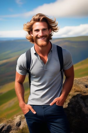 (masterpiece, only realistic, best quality), absurdperfect professional clear clean smooth sharp focus photo of a handsome masculine Welsh man called herin, he has short wavy hair flowing with the wind, long beard, wearing masculine casual wear, outdoors, on top of a mountain, stunning nature landscape, sky, exceptional professional dynamic original new newest portrait, uhd, incredibly absurdres, symmetry is excellent, vibrant, colorful, joyful, realism, 