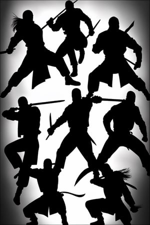 sharpen the silhouttes of ninjas posing at  viewer, highres image scan, associated press, realistic body movement, dramatic backlighting with (RED RED wild thick brushes) enhancing the drama in the background, centrefold, no crop
