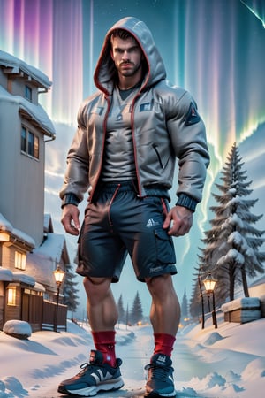 masterpiece, perfect image of a man, masculine, muscular, wearing hooded cotton jacket, beanie on, collared shirt, shorts on, socks on, sneakers on, happy, joy, smooth, matte, waking on the ice and snow, snowing, aurora boreal, cold atmosphere, dynamic, colorful, realistic, majestic, exceptional, jaeggernawt