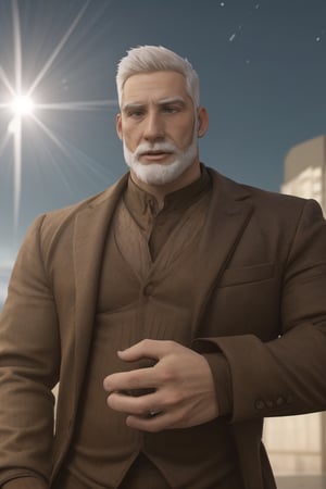 (masterpiece, realistic), a well-shaped handsome manly bearded HEALTHY mature masculine jovial Granpa English male person in style in fully-clothed masculine manly male formalwear on, real white hair, star lit sky, male art, real smooth skin, highres, tall, urbanwave, citypop, lens flare, impressive, smooth clear clean digital art, 8k, fine art, scenery, cinematic, artistic image scan, chaos corona renderer, associated press, kodak chroma ,creedo_grandpa,HIGHLY DETAILED