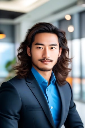 (masterpiece, only realistic, photo, best quality), phot of handsome man, wearing formal clothes in style while focused in the modern office, LONG MESSY WAVY HAIR, BEARD, ASIAN, highres image scan, exceptional professional smooth clear clean photo, realism, vibrant, colorful, matte, shallow depth of field, 70mm, extremely perfect,