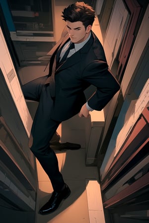 From a high angle above view, Shawn, an English man with a muscular build, gazes upwards directly at the viewer. He wears a rendered formal shirt, open jacket, and formal pants, completed by large shoes. Against an abstract office background, he strikes a dynamic pose, his full body framed in a semi-realistic illustration style. Character design elements, such as scribbled text and symbols, add visual interest around him.