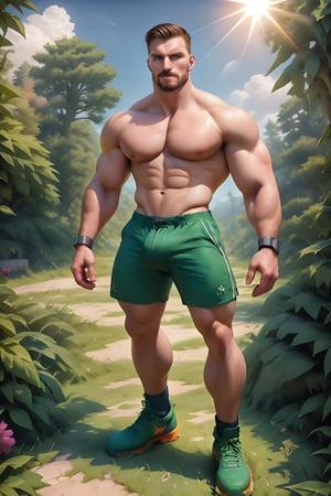 score_9, score_8_up, firm focused on realistic image of a perfectly-shaped man, (realistic masculine cross-walking body movement from forest background), English, 27yearold, falko is tall and has  broad shoulders, muscular, manly, wearing well-rendered masculine (camouflage rambo shorts on), big hands makinga gesture at side, looking at viewer, ((vibrant matte colors)), big barefoot, (palebrown facialhair buzzcut), prominent cheekbones, symmetric thicklongarms, perfect spring forest, shallow depth of field, masterpiece, best   sky, clouds, sun rays, fruits, stone-trail, plants, butterflies, (((alive))), serene , male focus, realistic, photo, best smooth clear clean highres professional male photorealistic  quality, award-winning, 16k resolution, uhd, nice warm calm bright day, different colorful trees, (extra-realism rendered in SFM, photorealistic professional high-octane (Renderman Engine) very real), barechested, chesttattoo, dog tags, armtattoo, largewristband, sunglasses, rating_safe, scenery,