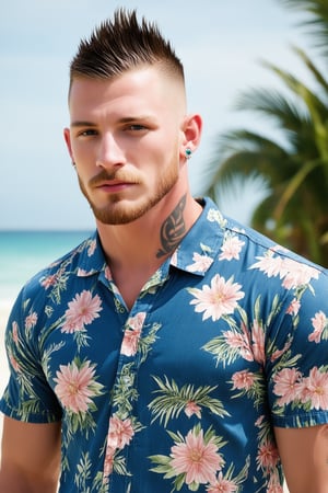 masterpiece professional photo image of a handsome lad, he has faux-mohawk undercut hairstyle, extreme pale as in porcelain skin, small facial tattoo, wearing masculing earrings, in well-rendered fully-clothed realistic male floral masculine collared shirt, and denin shorts, perfect well-drawn masculine male body with accurate perspective, he is enjoying the sun at the tropical beach, faded background, uhd, realistic, real, highly-intricate, dynamic view, majestic, original, high quality, exceptional, vivid, alive, state-of-art image,