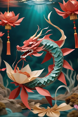 Vibrant underwater realm, reminiscent of ancient Chinese lacquerware. Delicate, hand-crafted origami pieces, intricately folded from shimmering silk-like paper, suspended amidst undulating seaweed. Schools of iridescent fish and jellyfish dance in harmony, their translucent bodies illuminated by soft, golden light. A majestic, crimson-lipped dragon statue rises from the seafloor, its scales glinting like polished jade. Amidst this poetic oasis, lotus flowers bloom, while wispy tendrils of Chinese calligraphy unfurl, carrying ancient wisdoms beneath the waves.