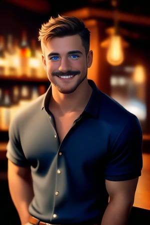 Ollie's Alluring Smile: A realistic masterpiece captures Ollie, a handsome English male, standing in a dimly lit pub with a faded background. He sports short hair and facial hair, his blue eyes locked onto the viewer with charismatic charm. Wearing casual attire, Ollie's blushing cheeks add to his endearing appearance, showcasing symmetry in every angle. The matte finish and high-definition quality bring forth an epic, original, entertaining, vivid, and alive image, inviting the viewer into his captivating presence.