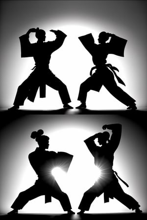 sharpen the silhouttes of kung-fu fighters posing at  viewer, highres image scan, associated press, realistic body movement, dramatic backlighting, centrefold, no crop