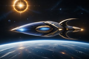 (Professional Epic Arnold Maya ActionVFX:1.2) scfi realistic real nebulae deepspace masterpiece of futuristic a spacejet which ignites its engine with a mythologyc sun stone and keeps swiftlingspacefaring propelled by solar wind:1.05, an elegant (tesseract-shaped golden spaceship made of light-semitranslucent-materials) with qvasi-solid turbine used for ignition and jetting and the described vessel there is a huge semi-translucent-golden-plastic-like enormous sail which captures solar wind to keep its trajectory through space:1.2, it leaves a gentle persistent golden shy glowing trace behind which can also be used as a path for similar jets for easily and faster optmized capture of solar wind:1.1, Elegance aligned with intelligent economic ecological spacefaring long-distance  jet for interplanetary human-like commutes and light commercial use:0.8, truly epic creative best deepspace with mastery engineering geometry astronomy astrophysics majesticindustrialdesign award-winning smooth intricate 64k best 3d cg realistic demonstration, hyper-realistic, ultra-realistic, futureal, majestic scifi, elagant rich inventive newest, best void-parallax semiotics, trending inside the fabric of universe, (post-futurism), requires the very best artist in the universe,spcrft,Starship, 