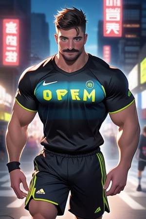 (masterpiece, best quality) , a majestic epic perfectly well-drawn muscular handsome muscular 1boy, facial mustache, brutalist, ((dynamic view)), semi-realistic style , (((manga, anime))), mature male, hair, wearing rugbyshorts on, wearing rugbyshirts on, outdoors in the park, (((anime style))), illustration, inspired by Capcom, inspired by UFOTable, dynamic pose, (depth of field, cyberpunk Neon City background), uhd, best of anime in the world, ultra-sharp, (((highly-detailed))),ollie