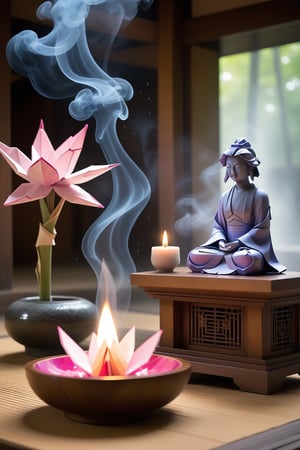 In a serene Japanese temple, origami props adorn the tranquil atmosphere. A small wooden altar stands before a magnificent, semi-translucent ethereal image of an Akashic Register figure, shrouded in colorful smoke from incense sticks. Soft crystals and traditional fine wood enhance the peaceful ambiance. Water droplets glisten on the temple's surface, adding depth to this exceptional artistic masterpiece.,Crystal style
