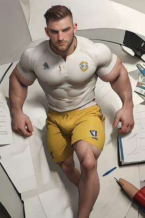 A super high-angle isometric view of the designer's concept ground, English male Shawn, a well-drawn, 25yearold handsome male with brown hair and facial hair, sits on a sheet of white paper with scribbles and notes. He looks up at the viewer from above, his head and full body visible. His striking blue eyes sparkle as he smiles, surrounded by pencils and traditional media sketches. He wears a (red soccer) shirt and decent long shorts, his arms and legs in perfect symmetry. The background features random brushstrokes on white paper, with notes and sketches scattered about. he his him flushes with freckles and prominent chin and cheekbones accentuate his masculine features, symmetric legs with realistic movement, symmetric well-drawn masculine large barefeet with perfect-toes, realistic arms at the sides movement, well-drawn hands, fair skin, shawnman