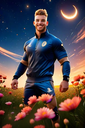 my favorite perfect image of a masculine handsome  mature muscular British Daniel man,   professional 3d, wearing  masculine tracksuit, rendered in SFM, outdoors,  professional epic portrait, flowers fields, short hair flowing with the wind, smiling, dynamic, stunning nature landscape, night, star lit sky, plants, nature, moon beam, unreal engine, ray-tracing reflections, vibrant colorful ambient occlusion, exceptional smooth masterpiece CGI wallpaper in UHD printed in glossy paper, highres image scan, dynamic, original, vibrant, alive, vivid, new, newest, award-winning, shallow depth of field, creative