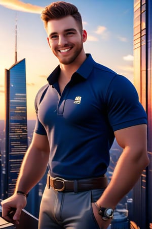 my favorite perfect image of a masculine handsome  mature muscular British Daniel man,   professional 3d, wearing  masculine casual clothes, rendered in SFM, outdoors,  professional epic portrait, on top of a skyscraper, smiling, dynamic, urban city landscape, golden hour, unreal engine, ray-tracing reflections, vibrant colorful ambient occlusion, exceptional smooth masterpiece CGI wallpaper in UHD printed in glossy paper, highres image scan, dynamic, original, vibrant, alive, vivid, new, newest, award-winning, shallow depth of field, creative