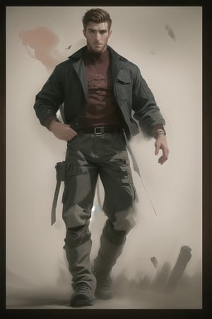 NiconaUt, a dashing 27-year-old Italian spy, stands confidently with muscular physique and chiseled features against a vibrant crayon background featuring a whimsical kingdom. His ginger facial hair adds a touch of ruggedness to his handsome face, framed by a short crew cut hairstyle. He wears a large BLACK jacket over a rendered shirt, Jodhpurs pants, and boots, exuding a sense of adventure as he strikes a dynamic pose. The MATTE PASTEL brushstrokes enhance the definition in his cheekbones, freckles, and overall creative vibe, radiating fun and coolness.,Niconaut