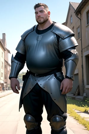 side view, from side, massive large tall plump manly knight dilf man, in accurate masculine machowalking (in realistic machobody walking movement) pose from side, well-rendered fat metallic knight armor fully-clothed from side, fat belly under fat armour, ((wide medieval village very intricate vibrant colors with depth of viewl as in RAW photo background, depth of view, distant, volume, depthnees, focal-length, RAW image, uncompressed PNG, source_photo)), highres smooth clear clean pictoresque photo scan, ((outdoors:1.2)), masterpiece, b33rb3lly,