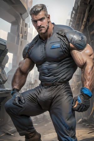 masterpiece, best quality, athletic man, gray jumpsuit with blue boots and gloves, full body, thirty years old, sharp focus, perfect and detailed composition.