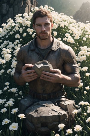 my favorite image of a handsome male miner near flowers, symmetry is excellent, highres image scan, associated press, centrefold, professional shutterstock smooth clear clean image, no crop, exceptional well-generated symmetric perfect masculine (lantzer) male miner person,softglow effect, matte, realistic,photorealistic,Masterpiece