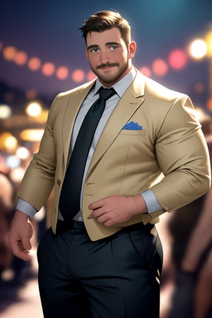 Masterpiece moment: A dashing, handsome plump fat masculine , blue-eyes, English gentleman, resplendent in his impeccable black-tie attire, stands out amidst a vibrant crowd at an upscale party. The man's strong features and confident pose command attention as he exudes joy and charm. In the foreground, the subject's eyes sparkle with happiness, while in the background, the bustling party scene is captured in stunning UHD detail, showcasing the intricate dance of revelers beneath vivid lighting.,ollie