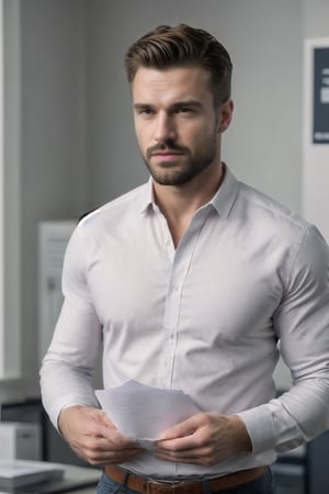 (realistic, photorealistic, adequate quality), a handsome  muscular Canadian manly man in style side-standing reading documents focused at the office, a shutterstock image, healthy, normal, highres image scan, associated press, firm focus, centrefold, no crop, full scene photo, worksafe, solo,jaeggernawt