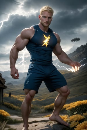 Arbiter Man stands majestic, a stunning 23-year-old blonde English actor posing as a god against a turbulent sky. His pale blonde hair and facial hair frame his striking blue eyes. He wears well-rendered masculine trunkshorts, with large hands and bare feet. Arms raised in dramatic expression, he dominates the scene. The faded outdoors background depicts a maelstrom with lightning bolts, shrouding the picturesque arcadian field of flowers in turmoil. Backlit by intense cinematic backlighting, the image is enhanced by special effects powered by ActionVFX post-production.