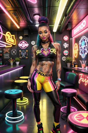 Prodigy stands confidently inside the aphro-futuristic tattoo parlour, her dark matte skin glistening under the neon lights. Her styled Aphro hair cascades down her back as she proudly displays her new holographic arm tattoo, its vibrant colors contrasting strikingly with her skin tone. The yellow lipstick adds a modern touch to her bold features. She wears a well-rendered mini-top and large chav pants, complementing the trendy atmosphere of the parlour. Holographic neon effects powered by ActionVFX:1.2 illuminate the space, surrounded by tattoo posters, mirrors, and objects in a super cool original style.
