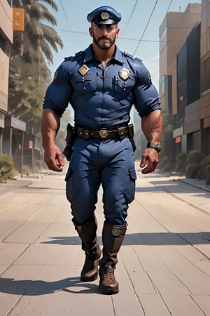 (masterpiece, RAW photo, photorealistic style, only realistic, best quality), incredible realistic photo firm focused on a man, 26yearold, his name is Falko, (realistic dramatically roleplaying as a policeman) in 1980's TV Series, very wide realistic urban road with policevehicles in Los Angeles, masculine, manly, tall, muscular, perfectlyshaped realistic male cop, wearing well-rendered fully-clothed machocopshirtpants on, policecop hat on, police badge at shirt on, ((sunglasses on)), ((palebrown beard (mustache) on)), large wristwatch, real male policebelt on, symmetric policeman large boots on, side-standing near perfectly-shaped symmetrical policecar , highres high-definition 1980's policecops tvseries screencap image scan masterpiece, associated press, very cool, real,falko